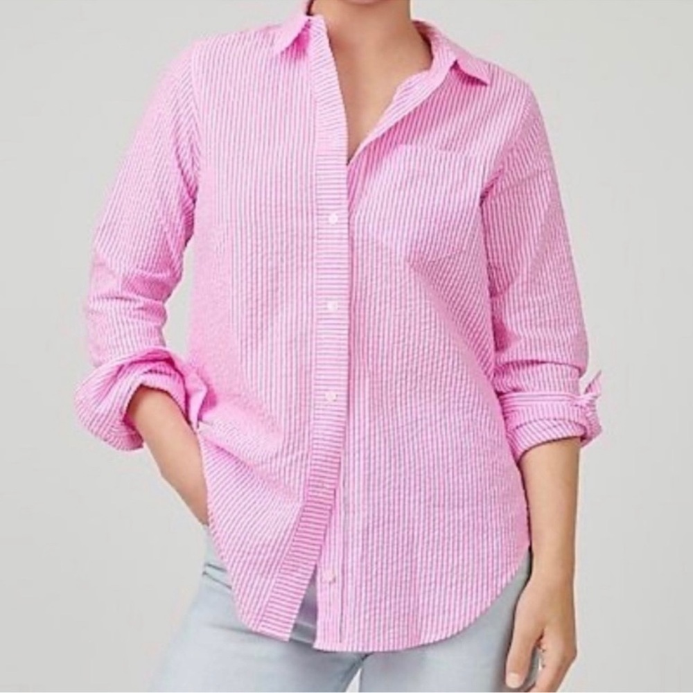 J Crew Classic-fit Boy Shirt in‎ Seersucker Pink White Stripes Preppy Size 10